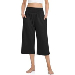 Women's Black‎ High Waisted Capri Pants Casual Wide Leg Yoga Pants with Pockets